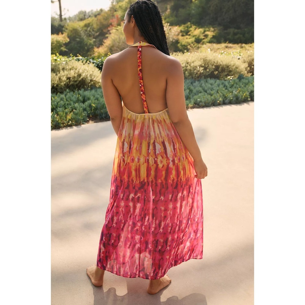 Anthropologie Yellow Pink Colorful Sleeveless Summer Semi-Sheer Maxi Dress Sz S - Picture 2 of 8